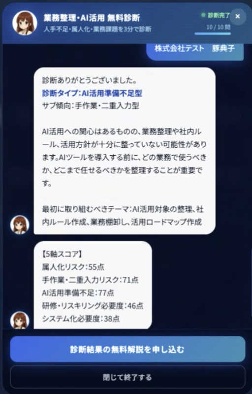 診断完了後のBot画面サマリー