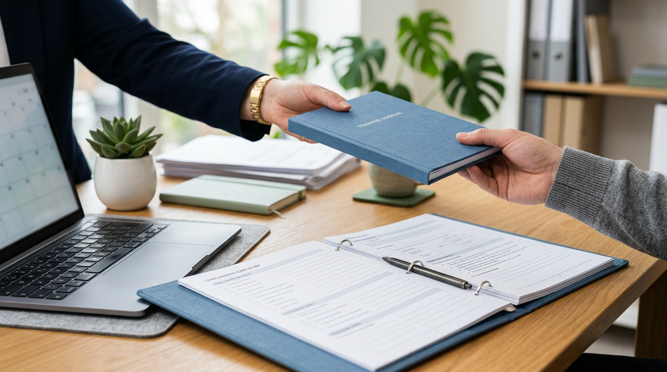 手順書やマニュアルで業務を標準化するイメージ